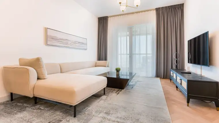 Bright living room with a large gray area rug under a cream sectional sofa