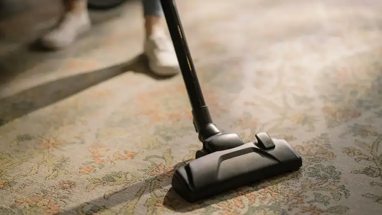 Vacuum cleaner head gliding across a floral patterned carpet
