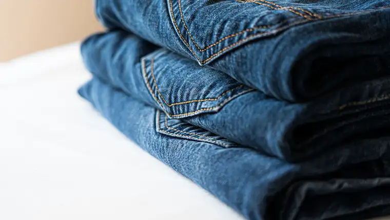 Stack of neatly folded blue denim jeans showing pockets and stitching