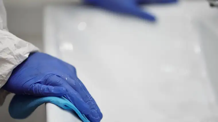 Blue-gloved hand wiping a white bathroom sink with a cloth while disinfecting