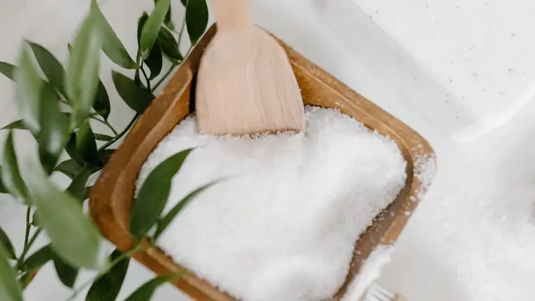 Wooden bowl of coarse white salt with a scoop and a scrub brush