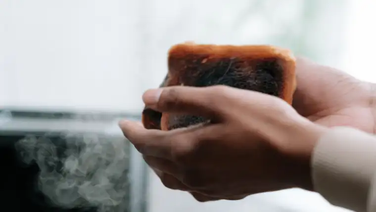 Hands holding a piece of burnt toast as smoke drifts from the toaster