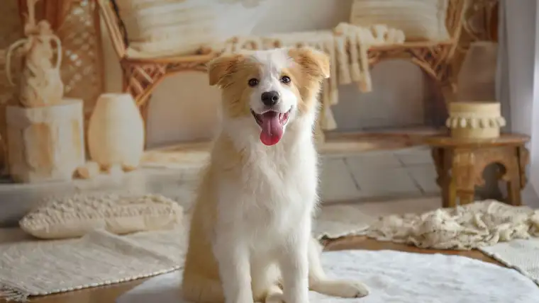 Smiling golden dog sitting on a round white rug in a bright living room