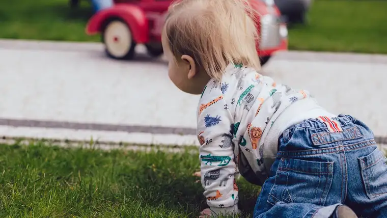 Toddler in jeans crawling on green grass beside a garden path